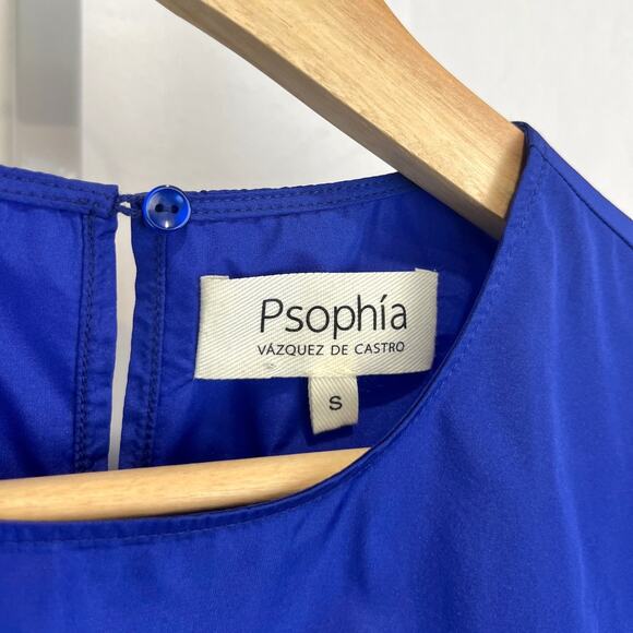 PSOPHIA Vasquez de Castro Taffeta Peplum Ruffle Hem Top Cap Sleeve Cobalt Blue S - Picture 3 of 11